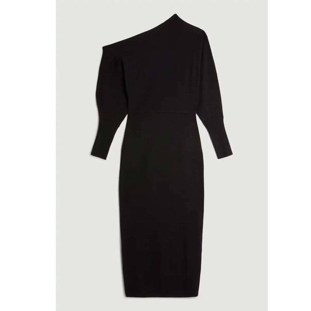 Karen Millen XL Asymmetrical Off Shoulder Knit Midi Dress Black - Picture 2 of 8